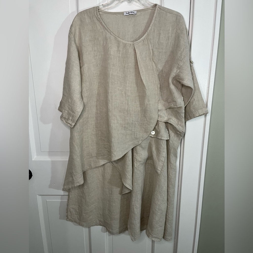 Stella Milani 100% Linen Asymmetric Lagenlook Artsy Boho Dress Tunic Ruffle M